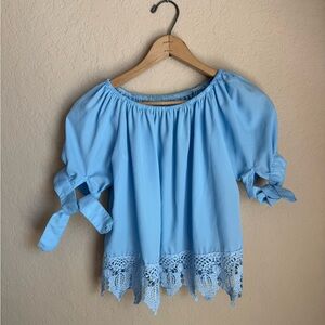 Sky Blue Women's Blouse with Lace Hem